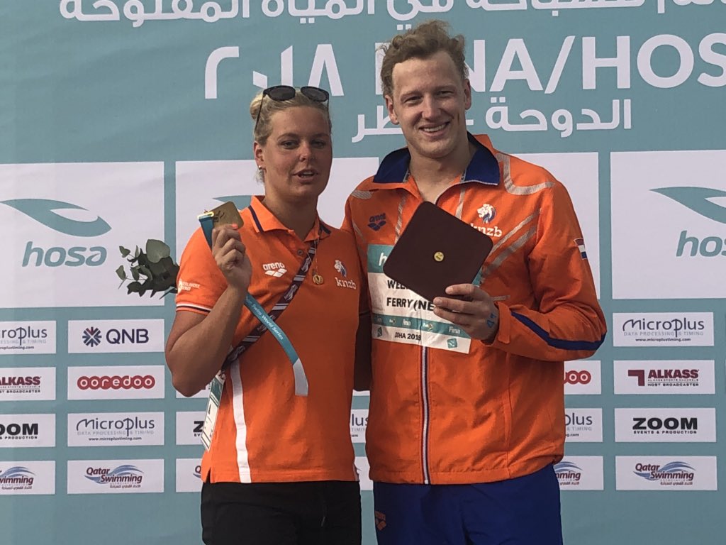 WorldAquatics's tweet photo. Netherlands strike gold at the #FINA #HOSA Marathon Swim Series in Doha with first place for Sharon Van Rouwendaal and Ferry Weertman in the 10km #MSWS18 https://t.co/fAayNFWepU