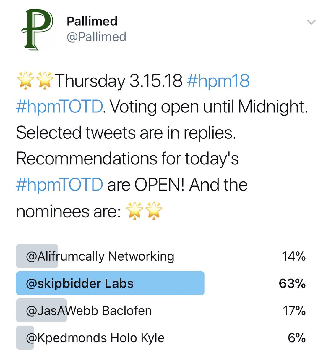 Pallimed's tweet image. ⭐️⭐️Crowdsourcing #hpmSOTS AND #hpmTOTD! Congrats @skipbidder for #ChoosingWisely which labs are important! #Pallipups 🐶 Keep the nominees coming for the last day of #hpm18 ⭐️⭐️