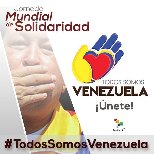 teleSURtv's tweet photo. Tuitazo Mundial de Solidaridad con la Revolución #Bolivariana. Únete con la etiqueta  #TodosSomosVenezuela #VenezuelaPazSíInjerenciaNo https://t.co/lYz7vzGa67 https://t.co/7asfdapRtX
