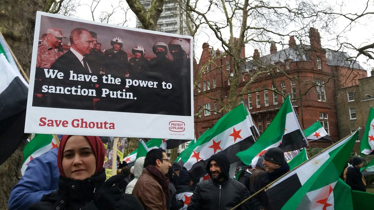 SyriaUK's tweet photo. Syrians and friends of Syrians in London today:
Ground Assad.
Sanction Putin.
Airdrop aid.
Save Ghouta. https://t.co/aiyJT4A5LU