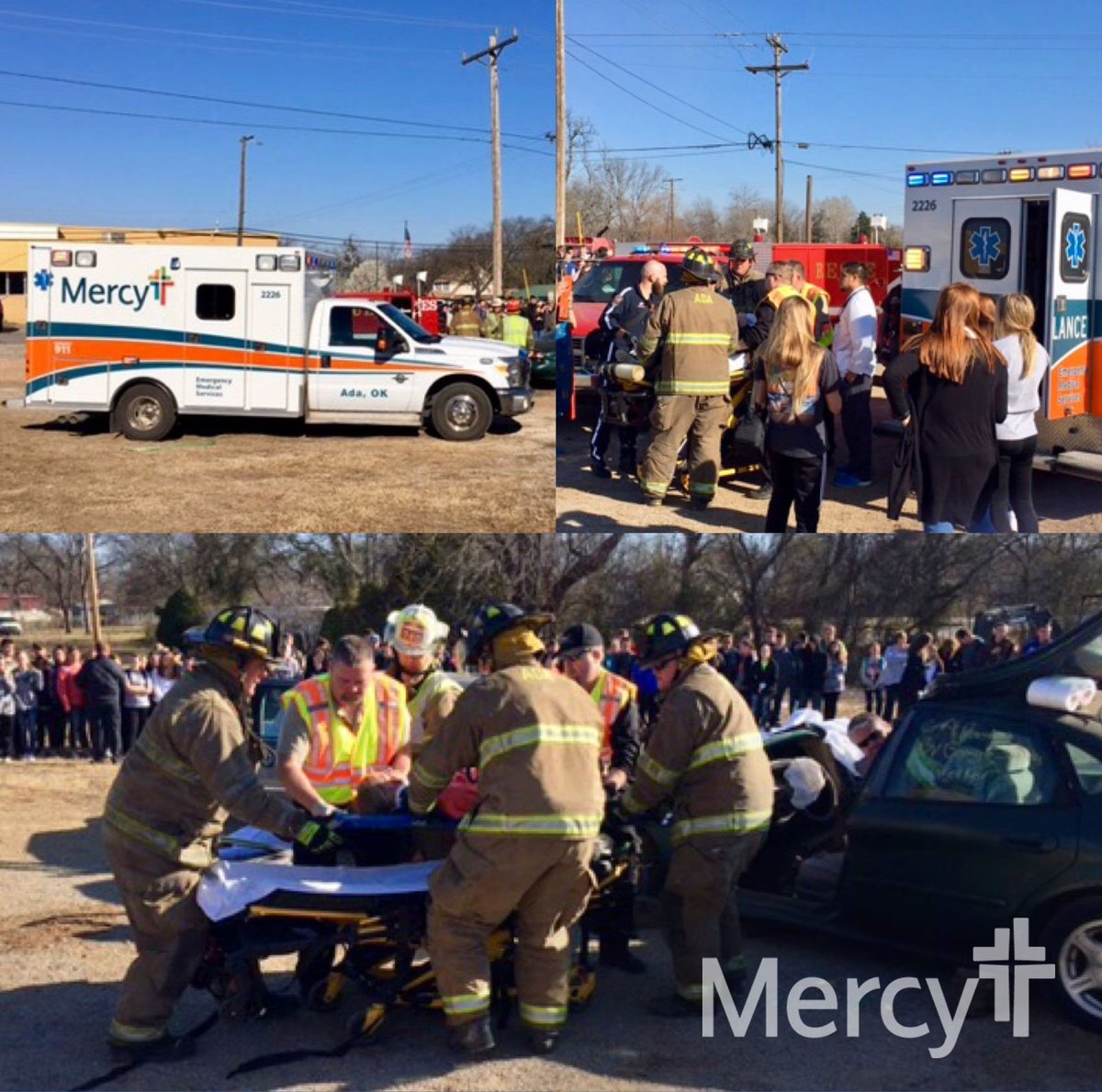 MercyOklahoma's tweet photo. Mercy Hospital Ada EMTs teamed up with first responders for a community drill designed to show local students the impact of distracted or impaired driving. #MercyAda https://t.co/5kfteBk7lJ