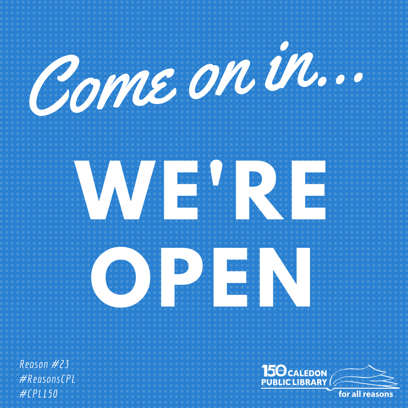 CaledonLibrary's tweet photo. Reason #23:

We know your time is valuable and your schedule is busy, that's why we have convenient hours at all of our branches. Visit our website to learn more! https://t.co/0DPzf6HgkQ #ReasonsCPL #CPL150 https://t.co/cSCazpXZVr