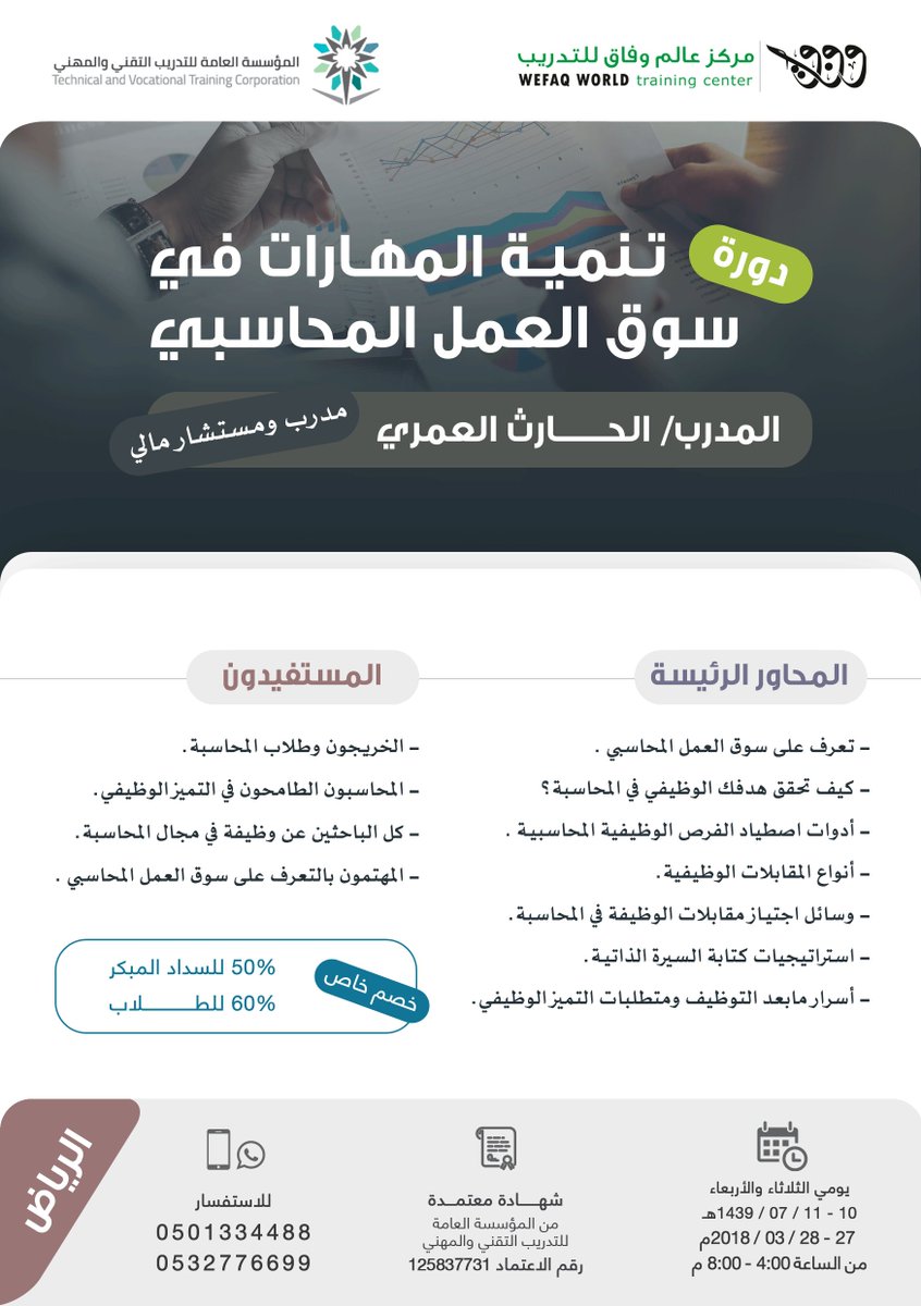 WefaqWorld's tweet image. مازال التسجيل متاحا في برامجنا #التدريبية
للمزيد 0501334488 أو 0532776699
