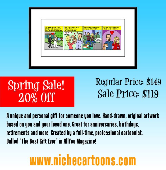 NicheCartoons's tweet image. A custom, color comic strip makes the perfect gift! These hand-drawn gifts feature your memories and are based on your photos. Now on Sale for Spring!
Learn More at:
nichecartoons.com/PersonalCartoo…
#customgifts #personalgifts #customcomic #giftideas #anniversaries