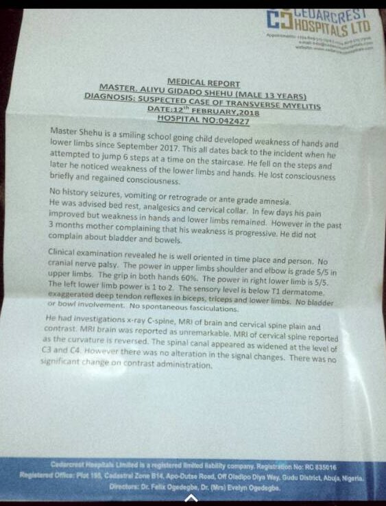 aushamaki's tweet image. People, please let's help a young boy in need. 14 year old Aliyu Shehu has been diagnosed with transverse myelitis and needs ₦3 million for surgery in India. ₦800,000 has been raised so far. Please donate what you can and help spread the word. Let's help Aliyu walk again.