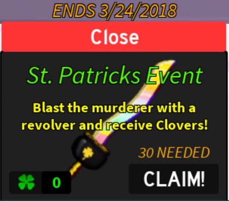 Deboooorag13 On Twitter Well Well Well What Have We Here Another Awesome Event I See 7 Days To Collect Your Clovers And Claim This Divine The True Pot O Gold Knife With - roblox murder 15 value list 2018