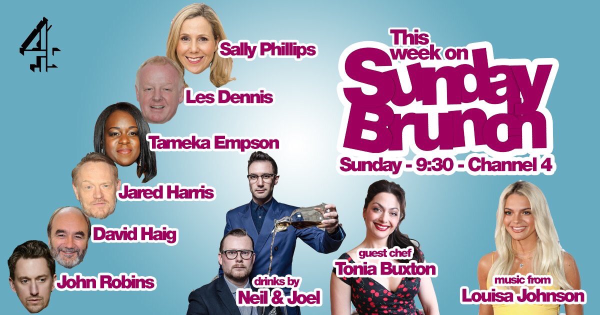 SundayBrunchC4's tweet photo. T O M O R R O W 🙌🏽

@sallyephillips @LesDennis @Tameka_Empson @JaredHarris #DavidHaig @nomadicrevery @louisa 🎤

🍸@worldofspirits &amp; @mightyspice are back AND @ToniaBuxton is cooking up a storm 🇬🇷 https://t.co/UyTsgO73Zk