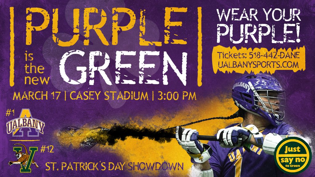 UAlbanySports's tweet photo. Who’s 💪⬆️ for GAMEDAY?!? The 🐕🚂💨💨💨 is back in action at 3pm! 1️⃣@ualbanymlax vs. 1️⃣2️⃣Vermont! Let’s pack Casey Stadium!! And remember rock your PURPLE today! 💜

🎟 https://t.co/Y3Ij3gvPsB

#SayNoToGreen #GreatnessLivesHere #DaneTrain https://t.co/CUSdV4lnTd