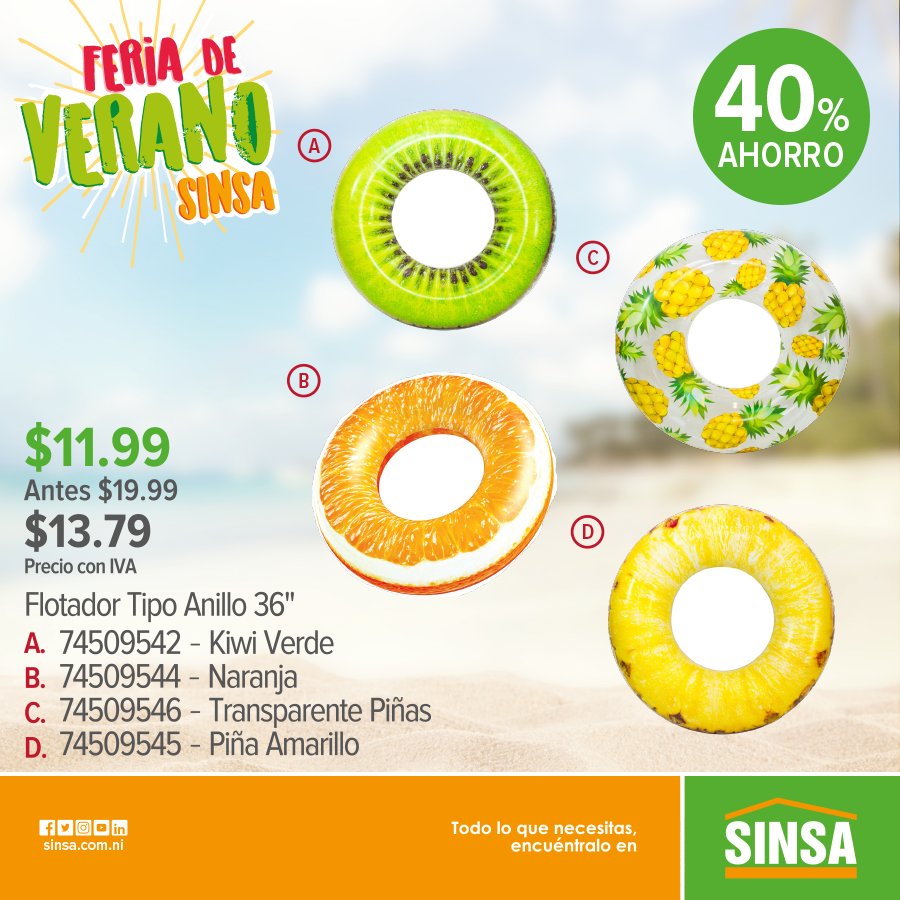 SinsaNicaragua's tweet photo. ¿Qué te parecen estos flotadores tipo anillos? ¡Aprovechá nuestra #FeriaDeVeranoSinsa y llevatelas  hasta con 40% de ahorro! 🍋🥝🍍

*Válido hasta 18 de Marzo. 
*Aplican restricciones. https://t.co/YyjmvW5nmJ