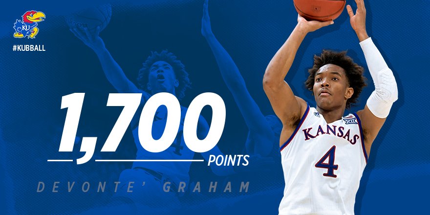 KUHoops's tweet image. .@Devonte_Graham4 scored eight points vs. Seton Hall last week and became the 13th player in school history to hit the 1,700-career point plateau! #KUbball