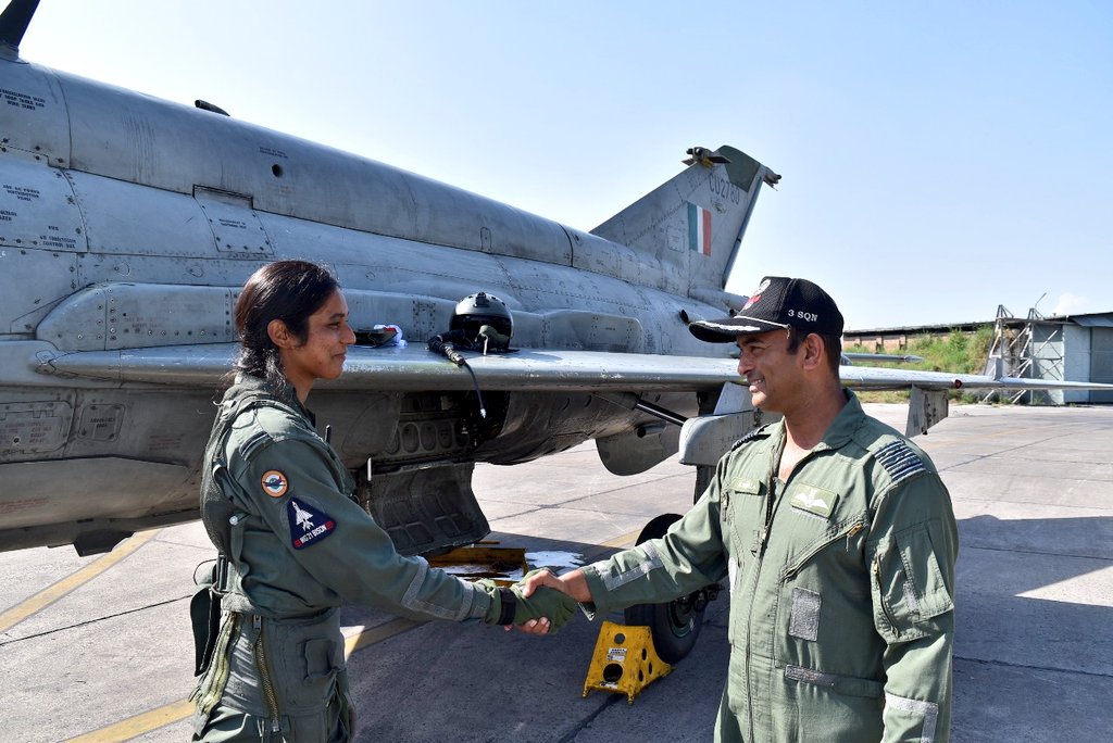 Congratulations - Fg Offr #BhawanaKanth became the 2nd woman pilot of #IAF to fly solo in fighter aircraft, when she flew in a MiG 21 Bison aircraft, AFS Ambala, 16Mar18. The sortie was flown for about 30 mins. The first woman pilot to go solo was Fg Offr #AvaniChaturvedi.