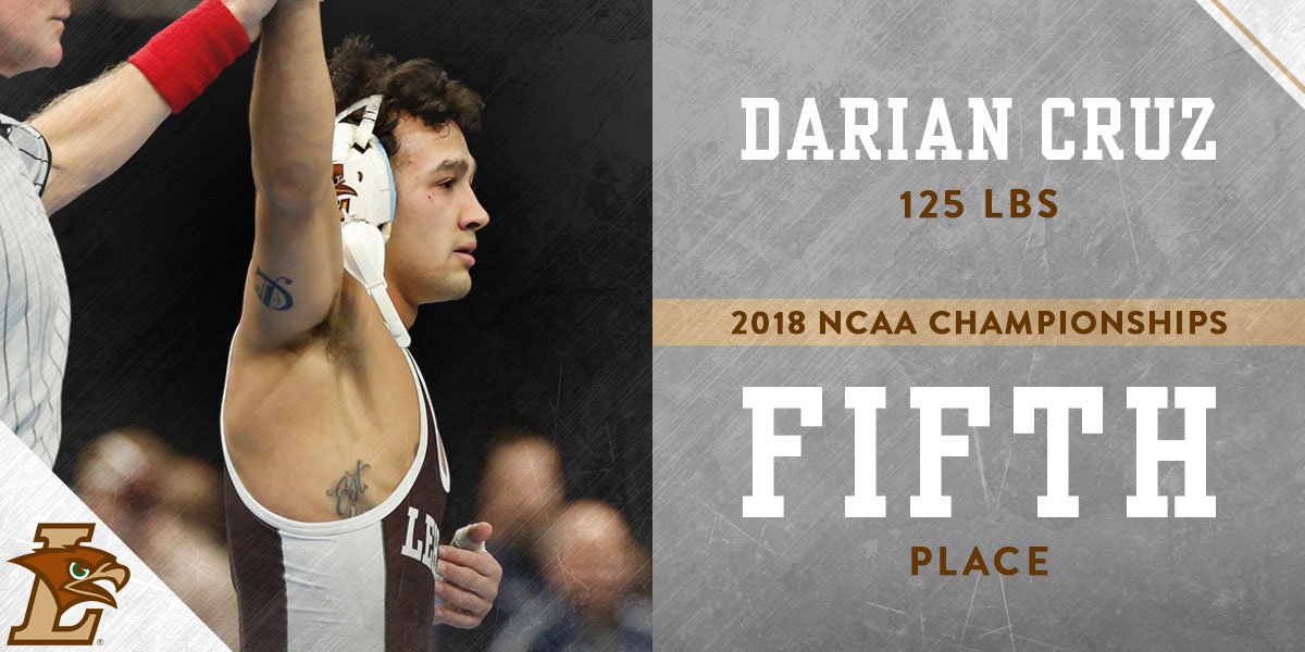 LehighMWREST's tweet photo. Three-time NCAA All-American Darian Cruz caps off his senior season by placing 5th at the #NCAAwrestling Championships and finishes the season with a record of 30-2.
Cruz ends his career with a record of 120-20. Tied for second all-time in Lehigh history #D1WRnotes #GoLehigh https://t.co/bgfa7KzMbi