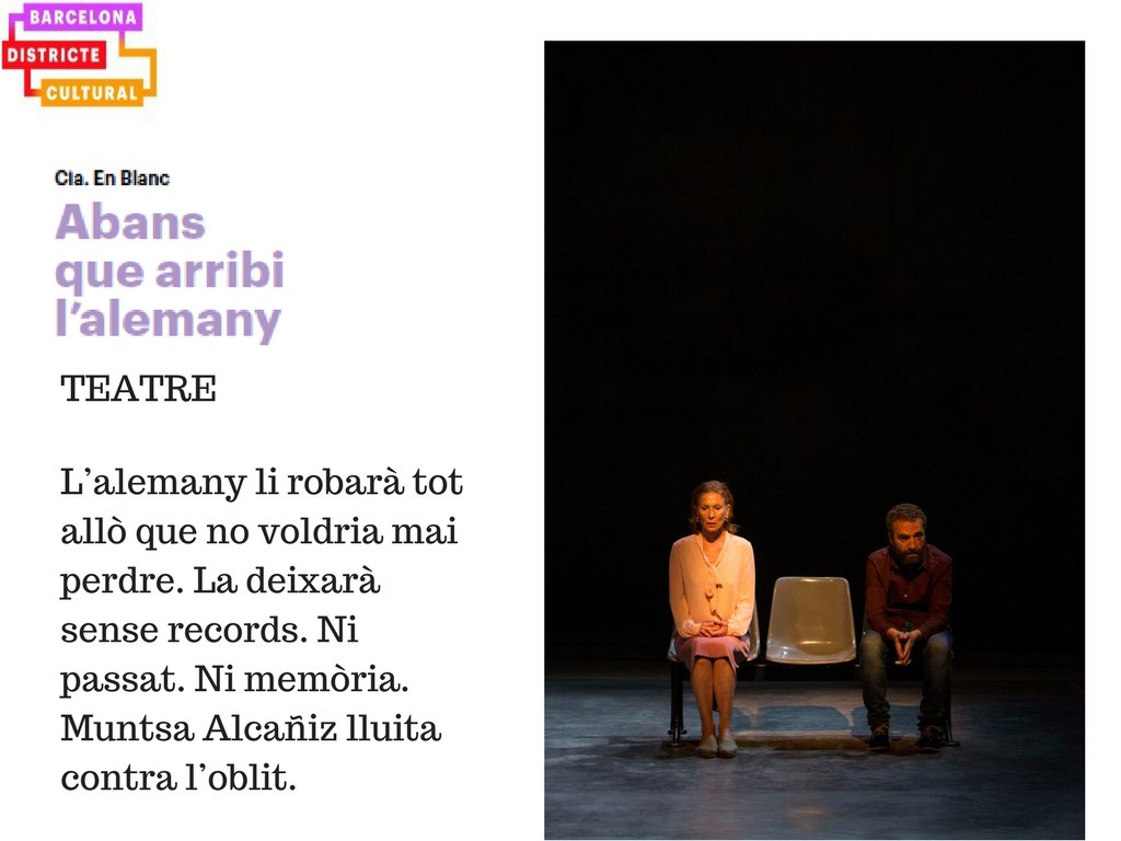Barcelona Districte Cultural (@bcndcultural) on Twitter photo El pròxim divendres 23/3, última oportunitat de veure al nostre circuit
ABANS QUE ARRIBI L'ALEMANY, amb <a href="/muntsa_alcaniz/">Muntsa Alcañiz</a>
<a href="/CCPereQuart/">CC JOAN OLIVER</a> a les 20h El pròxim divendres 23/3, última oportunitat de veure al nostre circuit
ABANS QUE ARRIBI L'ALEMANY, amb <a href="/muntsa_alcaniz/">Muntsa Alcañiz</a>
<a href="/CCPereQuart/">CC JOAN OLIVER</a> a les 20h