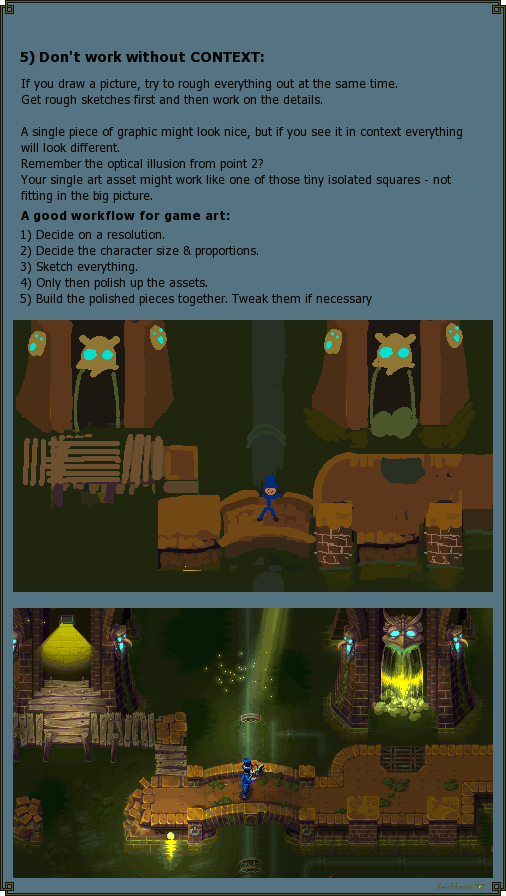 This is the advice I'd give to anyone who has a slight interest in creating or using #pixelart 
The 5 most important basic things to me I can't repeat often enough. 
#indiedev #gameart #art #Infographic

HQ:
cyangmou.deviantart.com/art/Top-5-Basi…

--
my mailling-list:
eepurl.com/dfDivr