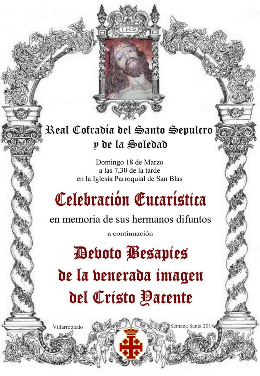 Santo_Sepulcro_'s tweet photo. Mañana, 18 de marzo -último Domingo de Cuaresma- tendrá lugar la Celebración Eucarística en memoria de los hermanos difuntos de la Cofradía, y finalizará con el tradicional Besapiés de la Venerada Imagen de Cristo Yacente . https://t.co/o9EnHMxGCM