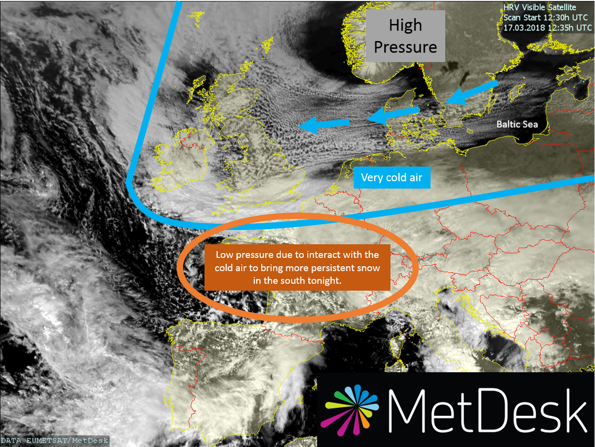 metdesk's tweet photo. Snow showers originating from the Baltic Sea continue to blast their way in from the east. More persistent snow to come for some southern areas tonight, with the highest totals generally in the south-west! #uksnow #Beastling https://t.co/446qGwwRwv