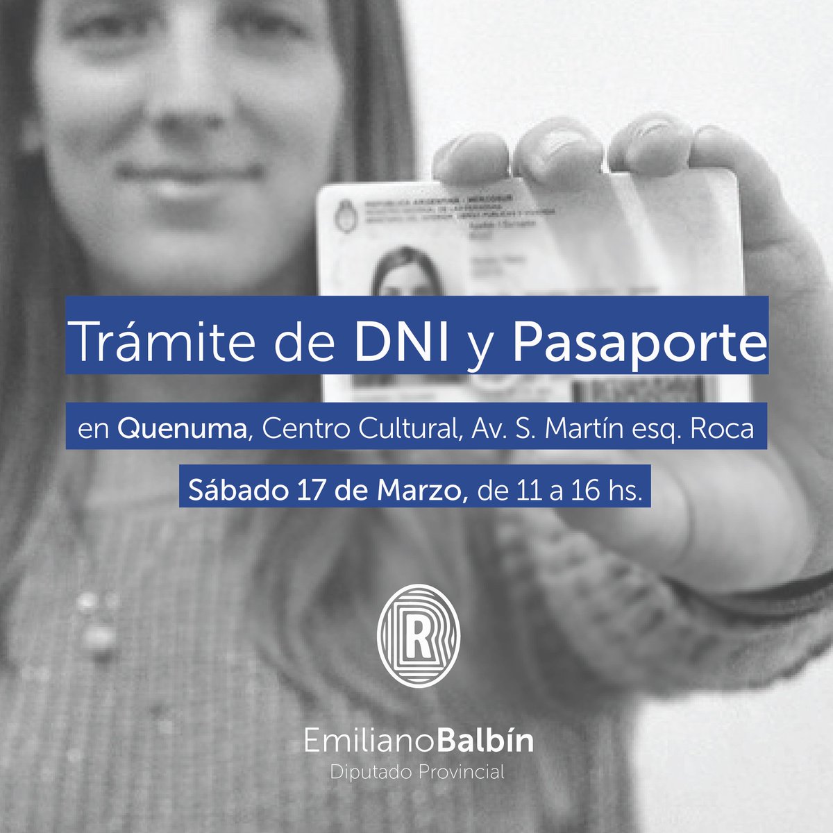 EmiBalbin's tweet photo. Pasamos con @SalliIntendente por el puesto movil del @renaper_ar y vimos a muchos de los vecinos de Quenumá aprovechando el sábado para renovar su DNI y pasaporte. Si todavía no pasaste tenés tiempo hasta  las 16hs en Av San Martín Esq Roca. https://t.co/t19SEjQAIr