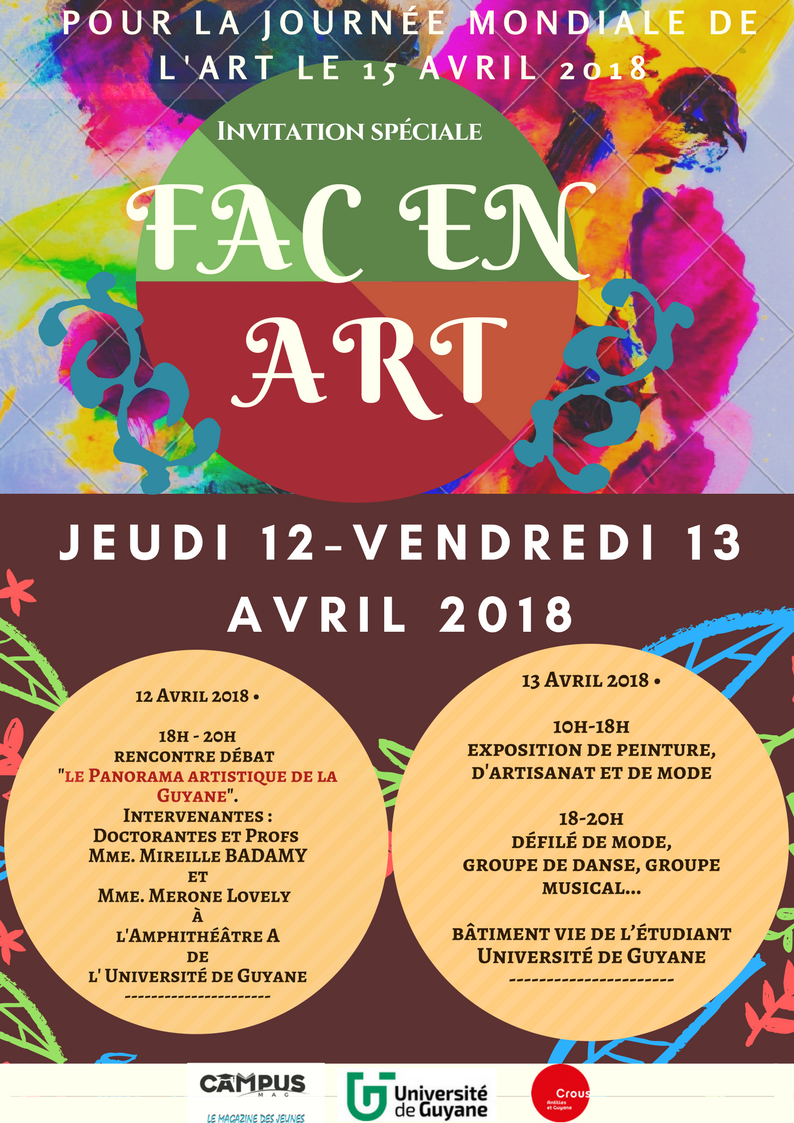 campusMagGuyane's tweet photo. Célébrer la journée mondiale de l'art c'est porter un nouveau regard. L'art enrichit, nourrit, vivifie et fortifie. Il éternise nos actes et envies par le génie habile de nos inspirations et aspirations. Par l'art on sublime la beauté, on s'exprime avec le... https://t.co/yNS3DhT37H