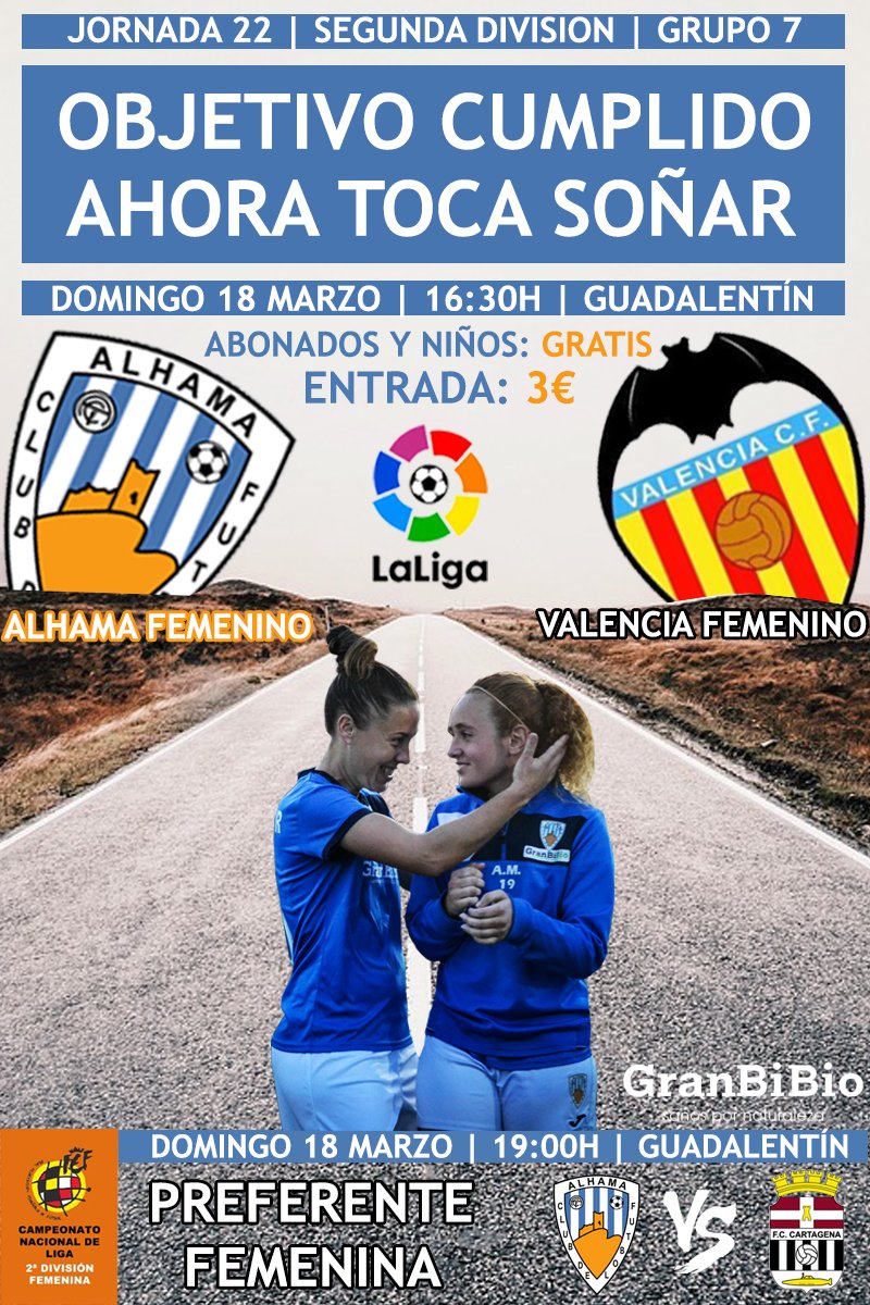 PARTIDO | 📢 ¡Afición! ¡Mañana os esperamos a las 16:30 horas en el Guadalentín de Alhama para vivir un auténtico partidazo entre nuestras guerreras @AlhamaFeminas y el <a href="/VCF_Femenino/">Valencia CF Femenino #ADNVCF</a>, donde buscaremos seguir haciendo historia y seguir soñando por esa tercera plaza!
#SomosEquipo💙