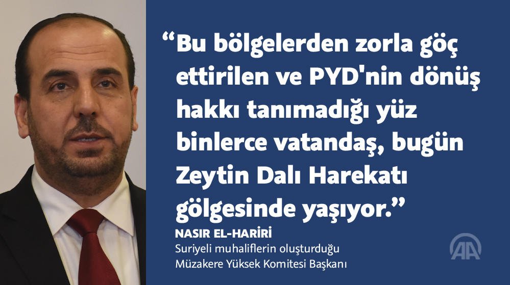 anadoluajansi's tweet photo. ❝PYD'nin dönüş hakkı tanımadığı yüz binlerce vatandaş, bugün Zeytin Dalı Harekatı gölgesinde yaşıyor❞

Suriyeli muhaliflerin oluşturduğu Müzakere Yüksek Komitesi Başkanı Nasır el-Hariri'den #ZeytinDalıHarekatı açıklaması https://t.co/FUpcDMjBHB https://t.co/0PKmq5zQBD