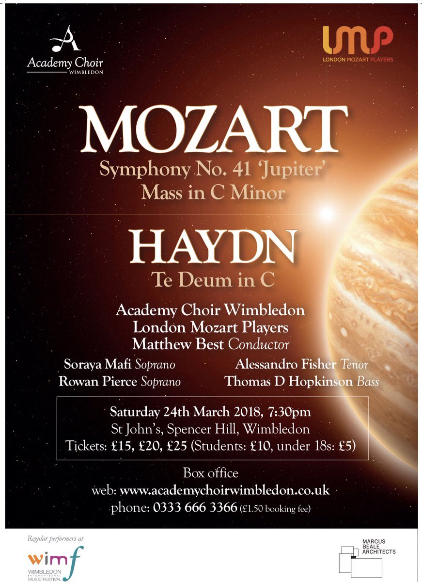 24 March 2018 Wimbledon: @mozartplayers & @AcademyChoir in #Mozart Jupiter & Mass in C minor #Haydn Te Deum! #ff @SorayaMafi @rowan_pierce #AlessandroFisher @TDHopkinson #MzcConcerts2018c academychoirwimbledon.co.uk