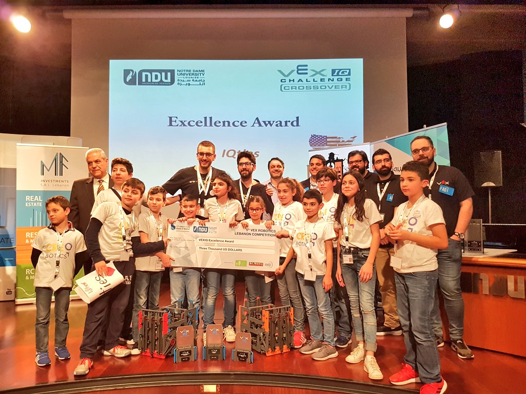 NDU_Louaize's tweet photo. Congratulations to "IQties" | Creoscendo Center for the #VEXIQ Excellence Award #VEXRobotics #VEXLeb #NDUVEX2018 #NDUevents https://t.co/9sVR6aL5KB