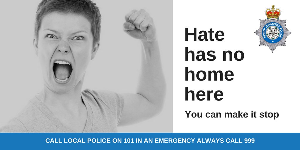 NYorksPolice's tweet image. Hate crime causes division and fear - it is not just victims of hate crime who can make a report to police; communities themselves can stop the damaging effects of hate crime by reporting any incidents witnessed. Report it on 101 or in an emergency call 999. #NoHomeHere