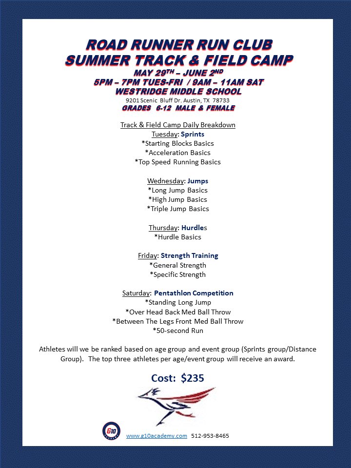 G10Academy's tweet photo. The Road Runner Road Club @ G10 Academy will kick off the 2018 summer track &amp; field season with its first annual Track &amp; Field camp and Cross Country camp. Register today at https://t.co/hDtwc2ES4L #G10Strong #G10Fast https://t.co/tyGoD1uiWy