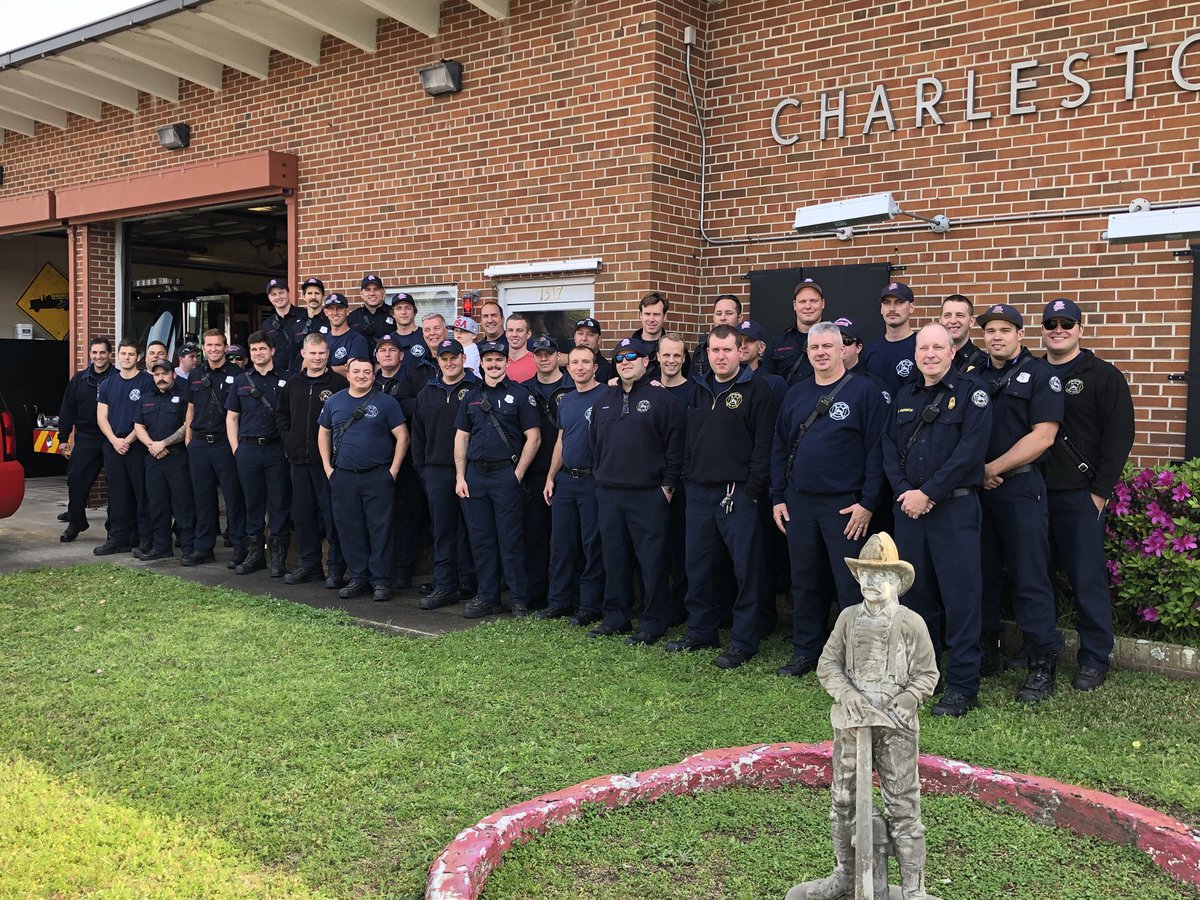 TippettJohn's tweet photo. “Impromptu” farewell to FF Gregg Hayre, E111C (center, with grandson &amp; son, EN Shane Hayre, E117A). Gregg’s combined 37 years of service (8 w/CFD) are a model for others to follow. The crowd reflects how respected he is. Wishing him the best. @Charleston_Fire @CFFALocal61 https://t.co/FwIrtfFhOY