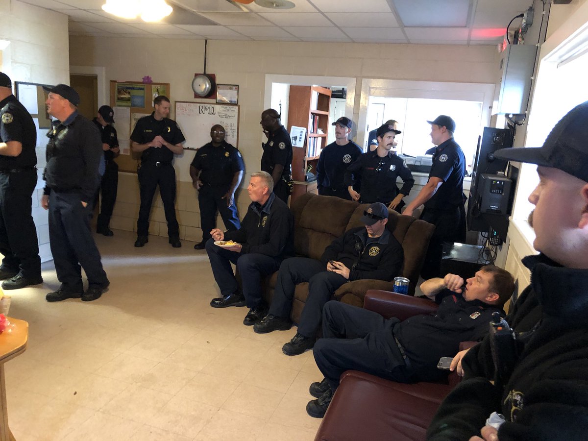 TippettJohn's tweet photo. “Impromptu” farewell to FF Gregg Hayre, E111C (center, with grandson &amp; son, EN Shane Hayre, E117A). Gregg’s combined 37 years of service (8 w/CFD) are a model for others to follow. The crowd reflects how respected he is. Wishing him the best. @Charleston_Fire @CFFALocal61 https://t.co/FwIrtfFhOY