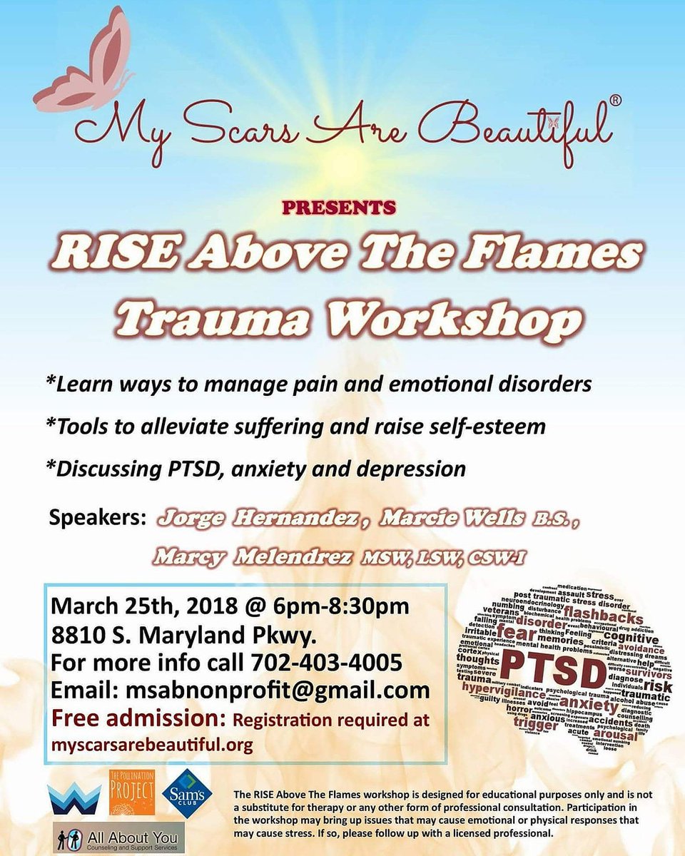 MSABnonprofit's tweet photo. Come to our free Trauma Workshop or tell someone you know! Register at https://t.co/wwUu7qlYo6 #Emotions #Trauma #PTSD #Sadness #Depression #Anxiety #Anger #Pain #SelfEsteem #Suffering #Scars #Community #LasVegas https://t.co/n7JvVd4ukQ