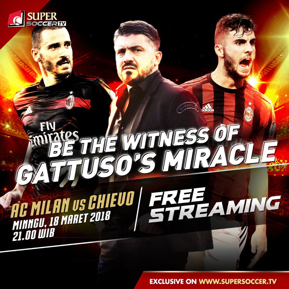 Sajian untuk Sobat Gratisan malam ini: AC Milan vs Chievo, jam 21.00 WIB di #SuperSoccerTV.

Like aja dulu link streaming-nya: supersoccer.tv/watch?v=MMILvC…

Lo bisa nonton match ini FREE, tinggal registrasi doang. Terus duduk manis nunggu kick-off.