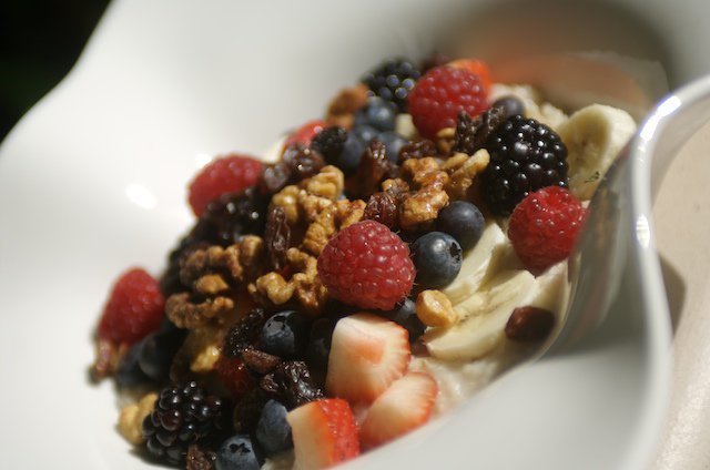 Simple pleasures for breakfast today- Irish Steel Cut Oatmeal with walnuts, raisins, banana, brown sugar, berries and milk.