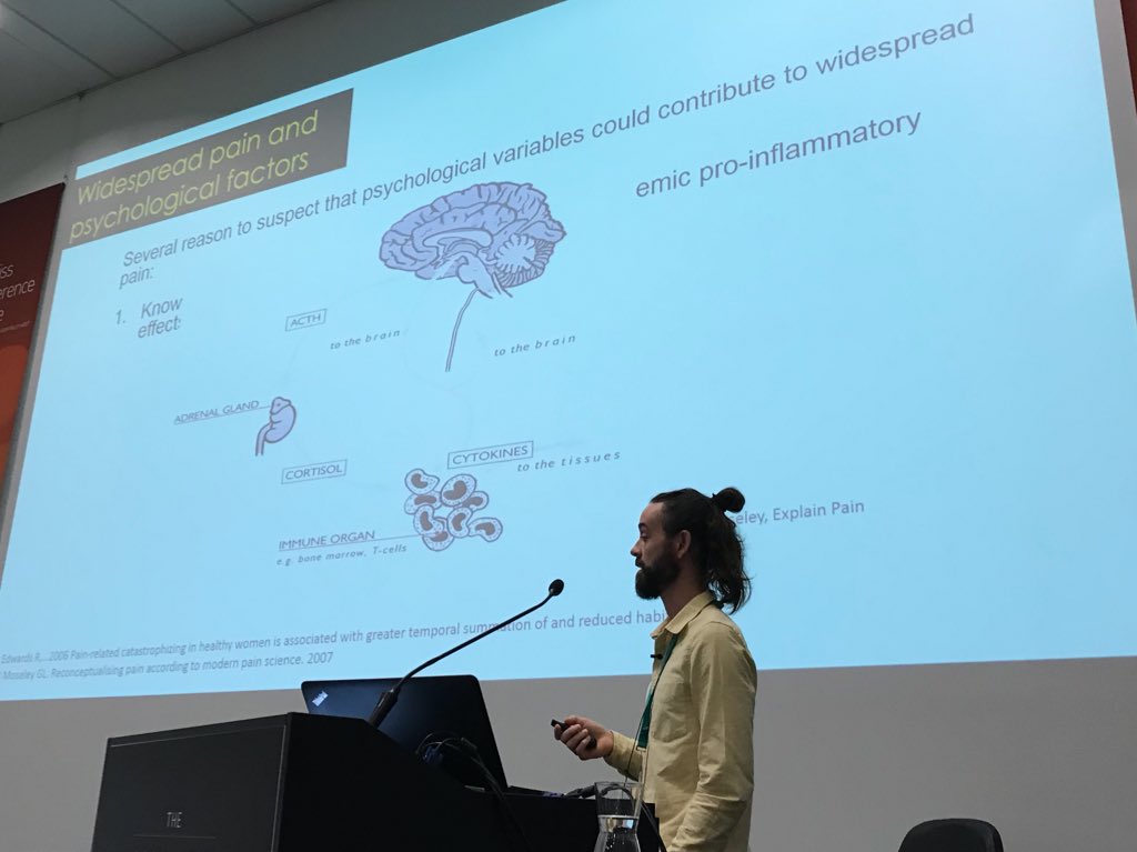 Known links between stress related hormones and systemic pro-inflammatory responses. 
Sustained stress response ➡️ adrenal stimulation ➡️ inc cortisol ➡️ cytokines to the tissues. 

Psychoneuroimmuniological links becoming clearer in persistent pain. 

#MAconference2018