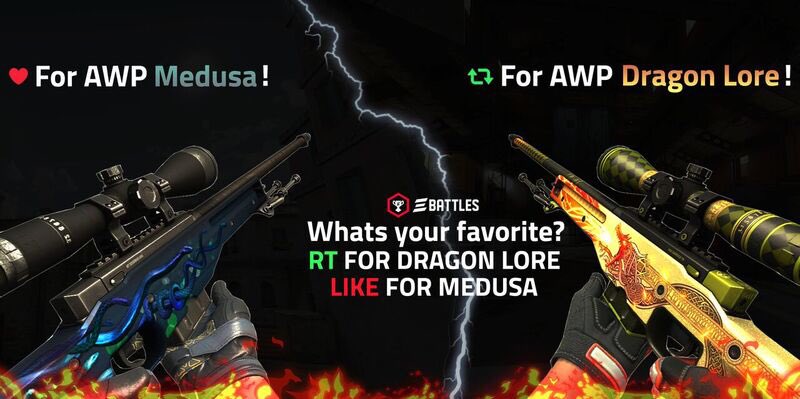 EBattlesGG's tweet photo. Which AWP skin is your favorite?
🔁Retweet for the Dragon Lore
❤️Like for the Medusa 

Maybe one will pop up in your inventory😏 https://t.co/Ncj94lEHvV