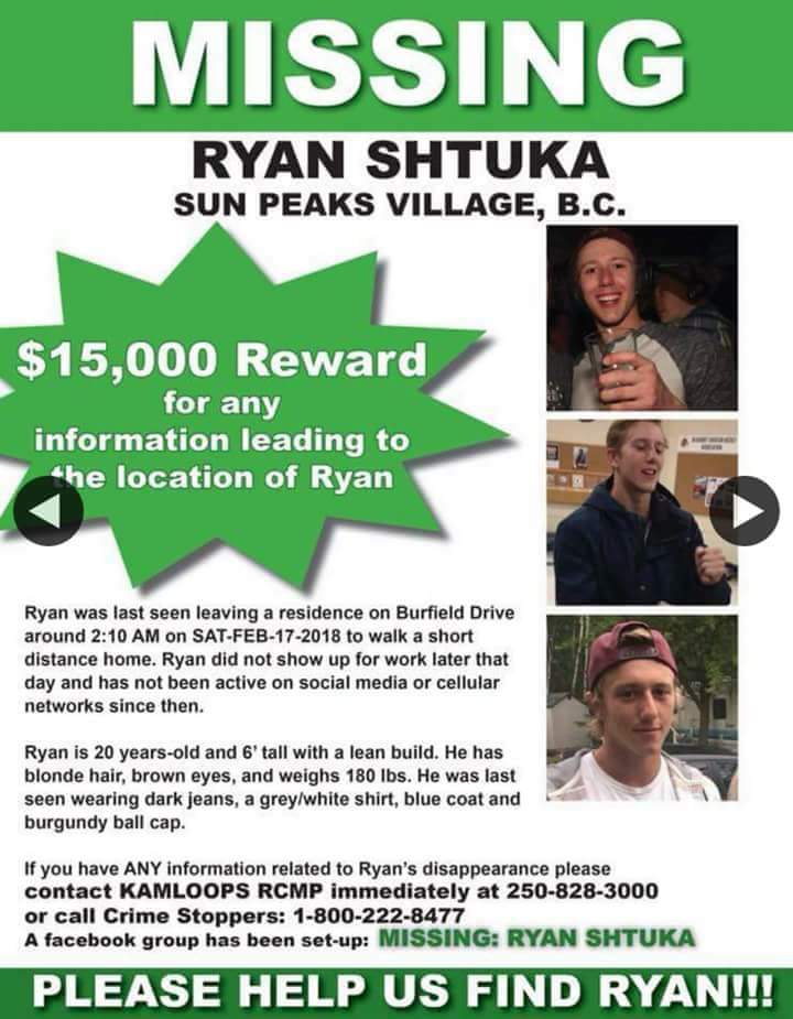LtGovMickey's tweet image. STILL MISSING in British Columbia... Since 02.17.2018 ... 
Ryan Shtuka, 20, Sun Peaks Village, British Columbia, Canada 
REWARD... $15,000
#RyanShtuka #Missing #RCMP #Canada #SunPeaks