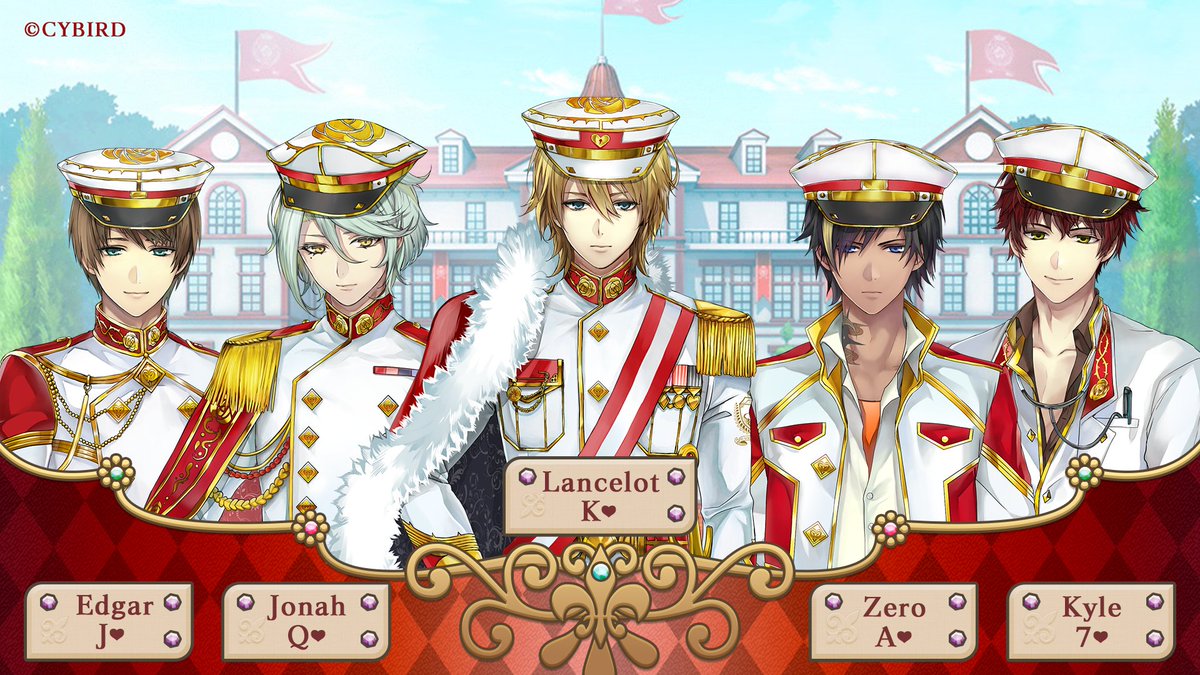 Personagens da Armada Vermelha de Ikémen Revolution - Love & Magic in Wonderland: Edgar Bright, o Valete (Jack) de Corações; Jonah Clemence, a Rainha de Corações; Lancelot Kingsley, o Rei de Corações; Zero, o Ás de Corações; Kyle Ash, o 7 de Corações