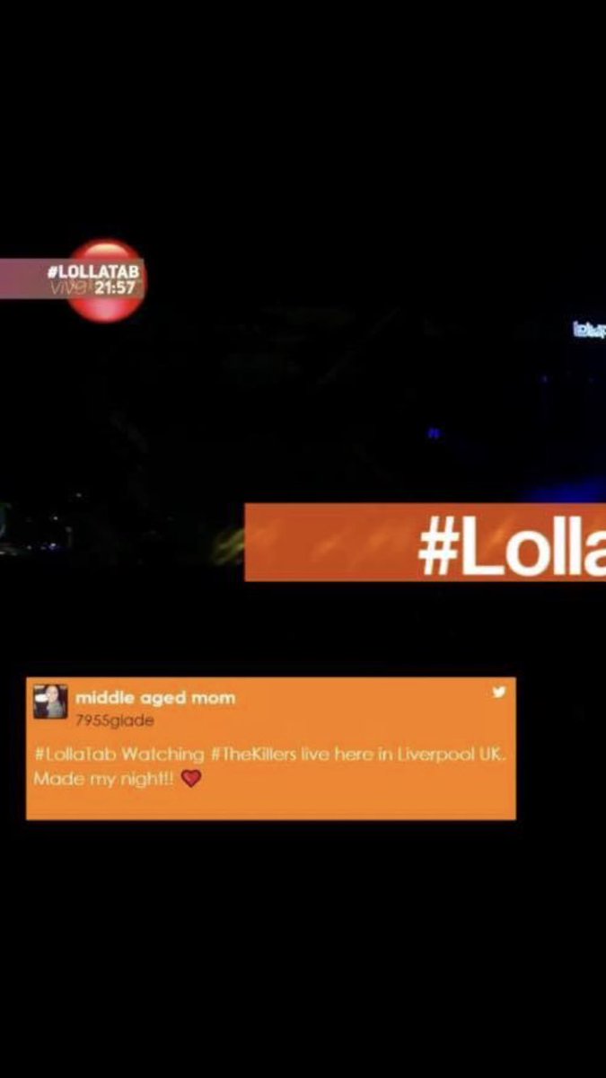7955glade's tweet photo. When ye tweet gets broadcast live on the Lollapallooza stream of #TheKillers #LollaTab Proper giddy! 😂😂😂 https://t.co/CNZgE2LkYF