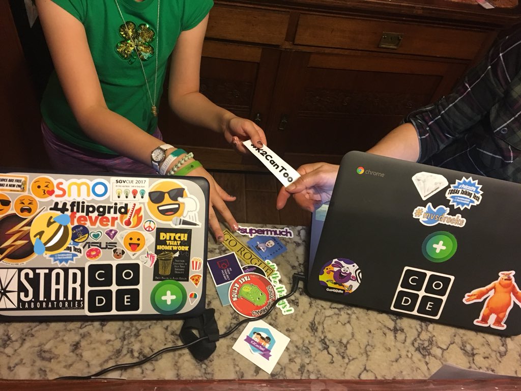 My wife and daughter fighting over #cue18 stickers as soon as I got home. Thanks for the swag everyone! #WeAreCUE @TechCoachSusan @Cbustamante2222 @peerlessgreen @John_Eick @bribriggs @creativeedtech @AndersonEdTech @annkozma723 @DitchThatTxtbk @cueinc @cogswell_ben & more..