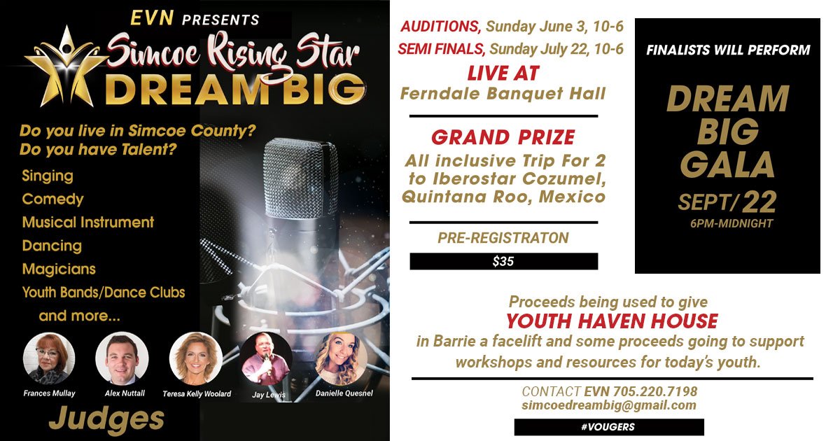 Live In Simcoe? Got Talent? Register Now for your Audition! Guaranteed to get in front of the judges when you pre- register. #simcoedreambig #talentshow #Barrie #ferndalebanquethall #simcoerisingstar