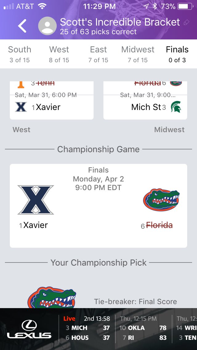 scottmcdaniel98's tweet photo. #livebytheswordDIEBYTHESWORD I will always go down rooting for my guys #bracketofintegrity #rootrootrootforthehometeam @MikeWhiteUF #Gators https://t.co/x7OLHgizU2