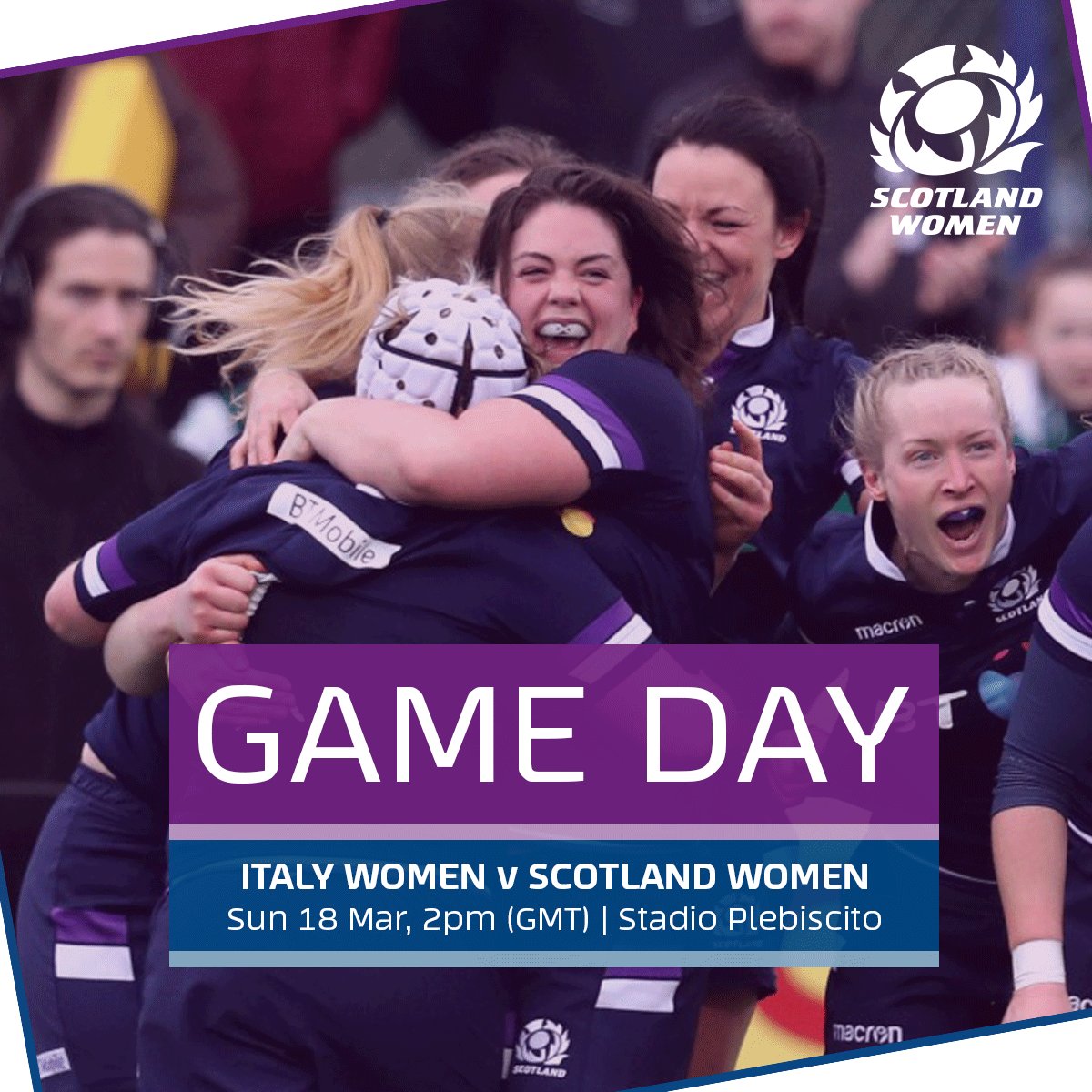 It's GAMEDAY for Scotland Women as they face Italy in the final <a href="/Womens6Nations/">Guinness Women's Six Nations</a> match at Stadio Plebiscito!

⏰ 2pm GMT
📺 live streamed by <a href="/Womens6Nations/">Guinness Women's Six Nations</a>
#⃣ #AsOne