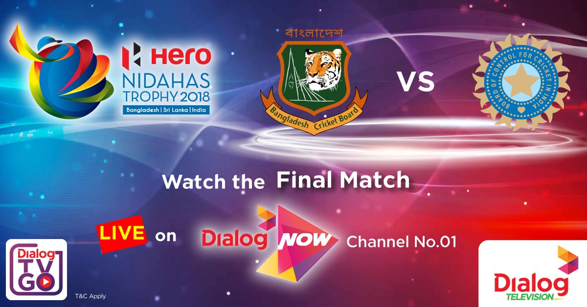 dialoglk's tweet photo. Who will win? Catch the LIVE action of the Nidahas Trophy final as India takes on Bangladesh on Dialog Now (Channel No.1) on your Dialog Television or via the Dialog TVGO app on your mobile. #NidahasTrophy #DialogNow #DTVGO #WatchitonDTV https://t.co/eWHu4U36h9