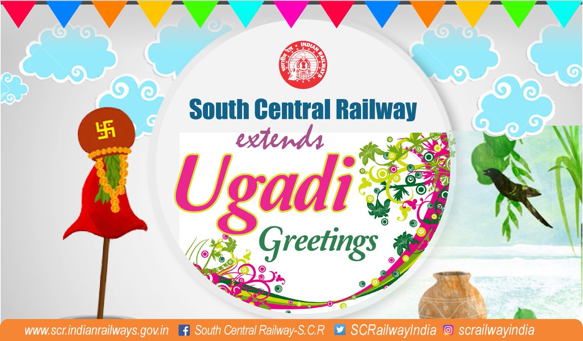 SCRailwayIndia's tweet photo. South Central Railway #wishes all our #esteemed #RailCustomers #HappyUgadi2018 #Ugadi @RailMinIndia @PiyushGoyal @PiyushGoyalOffc @TelanganaCMO @ncbn https://t.co/sHrjHOvHxl