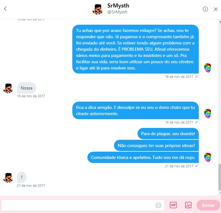 RedeFalida's tweet image. Aqui outro comportamento exemplar de nosso caro Lucas Augusto, mais conhecido como ProgrammerMan, comunicando-se com o solidário @SrMysth