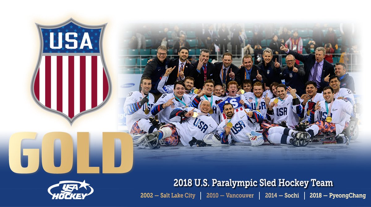 usahockey's tweet photo. For the third consecutive #WinterParalympics, #TeamUSA is GOLDEN. 🇺🇸🥇 https://t.co/XfdiAgTCGu