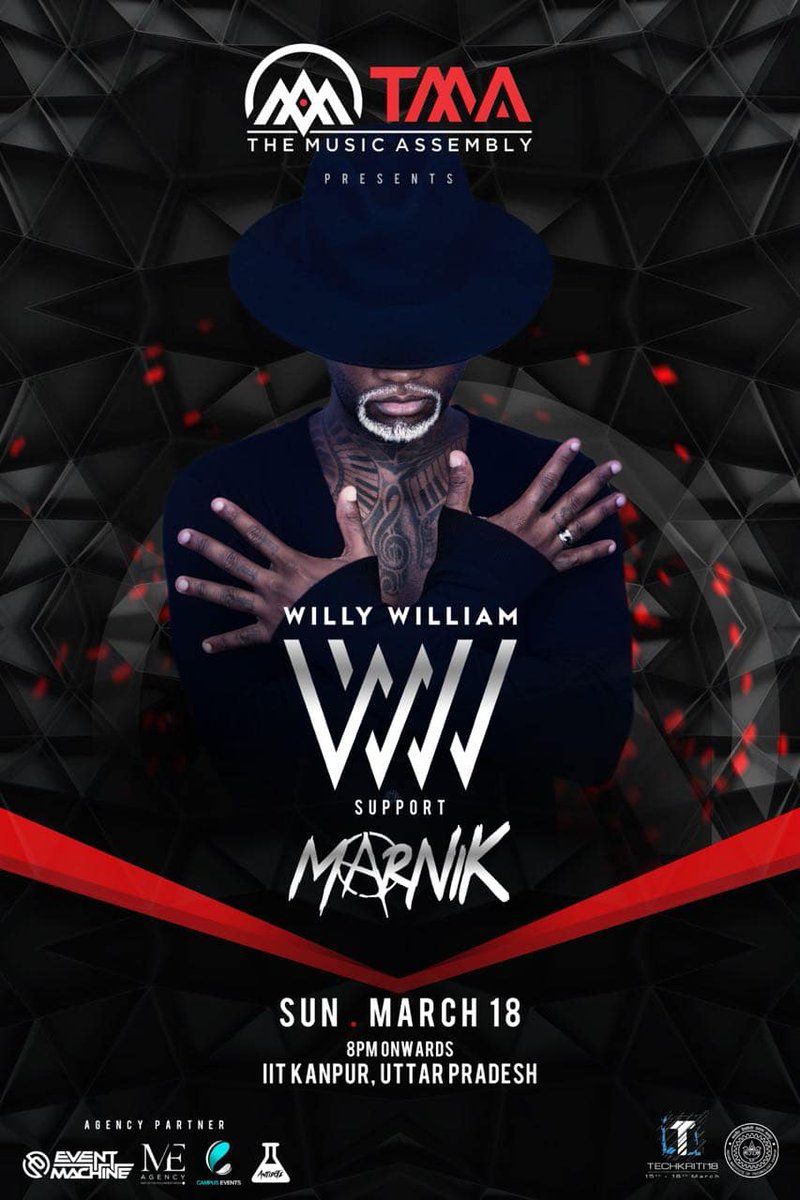 For the first time in India, we bring you <a href="/willy_william/">Willy William</a> for one of the most awaited nights; the night to feel invincible, to be a part of something, to smile and create smiles, to enjoy to your fullest at <a href="/techkriti_iitk/">Techkriti, IIT Kanpur</a> . 
#WillyWilliam #MiGente 
#Campus_Events_Private_Limited