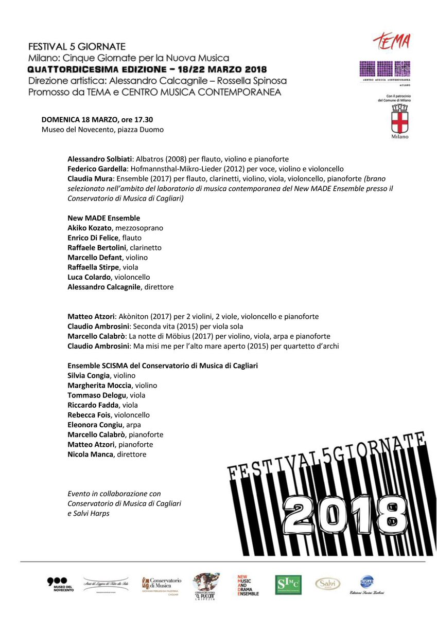 centromc's tweet photo. Festival 5 Giornate 2018, dal 15 al 22 marzo #Milano #5giornate #musicacontemporanea #arte @museodel900 https://t.co/5UjTWPxIwI