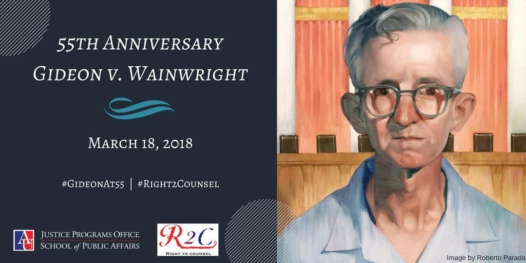 right2counsel's tweet photo. Happy 55th anniversary of Gideon v. Wainwright! R2C's vision is a fair and equitable criminal justice system, which requires representation by skilled defense counsel with adequate resources at every stage of the criminal justice process. #GideonAt55 https://t.co/gZCFqgr0Tt https://t.co/AsD3Fi9Pph