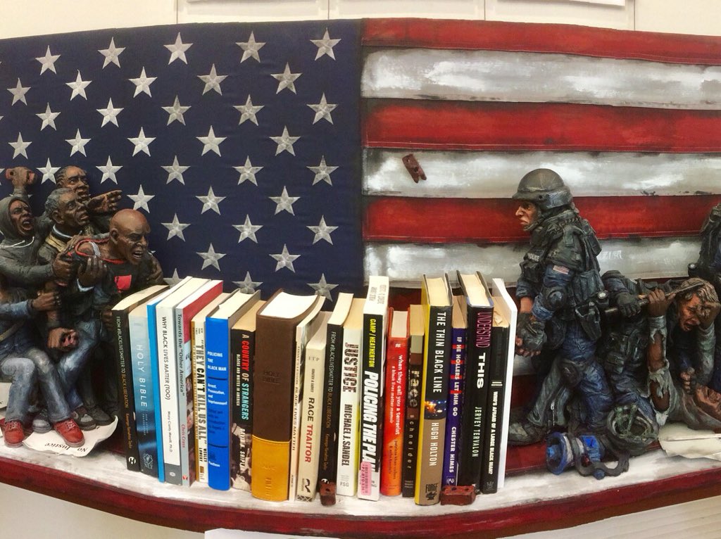 CbusLibraries's tweet photo. Check out @carnegielibrary &amp; the “Alternate Endings” bookend exhibit! 🎨: “The Dragons of Eden” by Andrea Marquis, “Unrest” by Kyle &amp; Kelly Phelps. #librariansonvacation #nceca #nceca2018 #pghreads https://t.co/UatrXYVeww